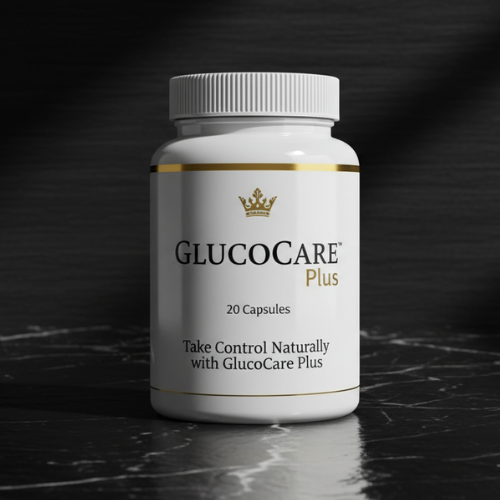 Alt="GlucoCare Plus Natural Blood Sugar Support Formula dietary supplement bottle"