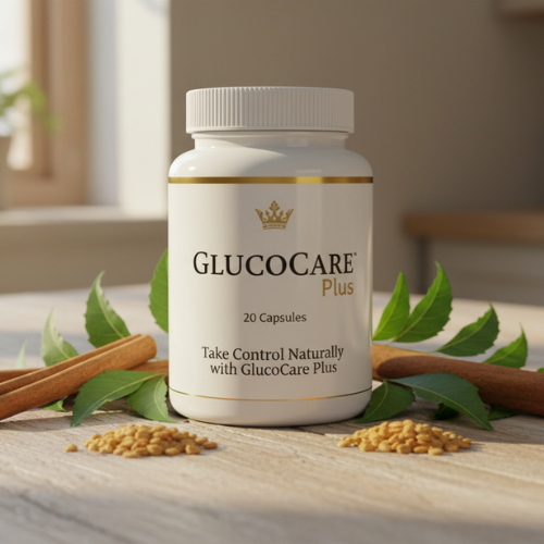 Alt="GlucoCare Plus Natural Blood Sugar Support Formula side view of bottle"